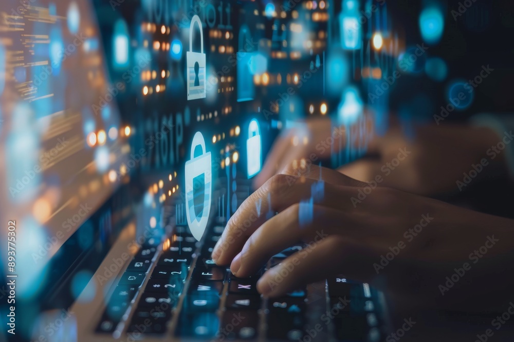 Close-up image of a person's hands typing on a laptop keyboard with digital lock icons floating above, representing cybersecurity. Close-up image of a person's hands typing on a laptop keyboard with digital lock icons floating above, representing cybersecurity.