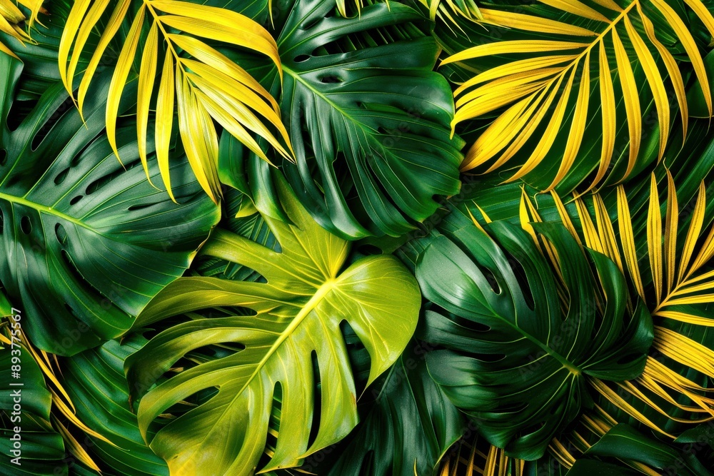 A vibrant collection of tropical leaves, showcasing a variety of textures and shapes in shades of green and yellow A vibrant collection of tropical leaves, showcasing a variety of textures and shapes in shades of green and yellow