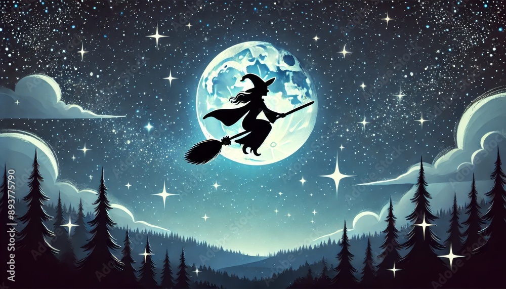 Naklejka premium Halloween Witch Flying Over Moonlit Night Sky.