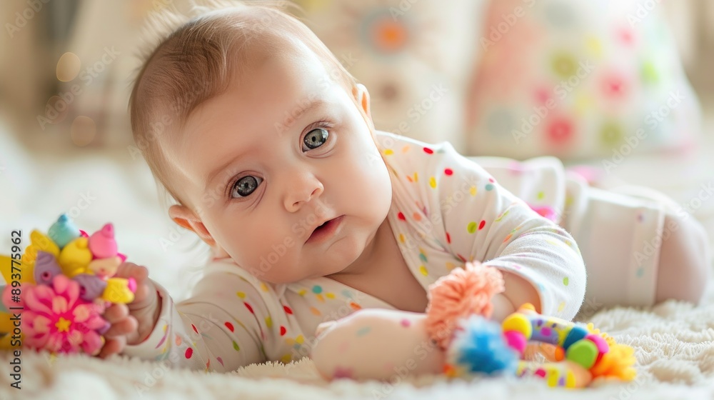Adorable baby girl lying on her back, playing with a toy. Adorable baby girl lying on her back, playing with a toy.