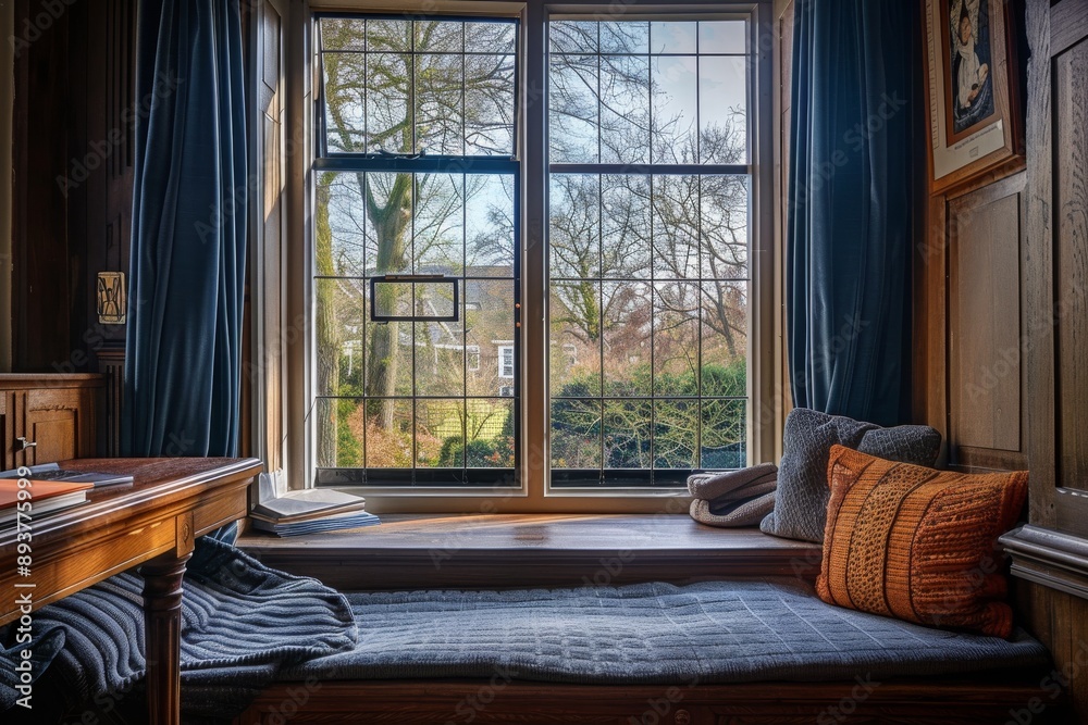 Interior of a living room with a large window overlooking the countryside Interior of a living room with a large window overlooking the countryside