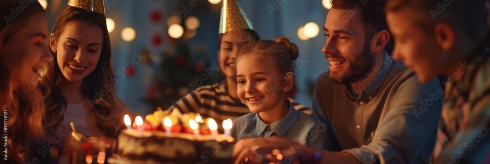 A joyful family is celebrating a birthday with a cake and candles, surrounded by smiles and happiness. This special moment is filled with love and togetherness, creating a warm and festive atmosphere