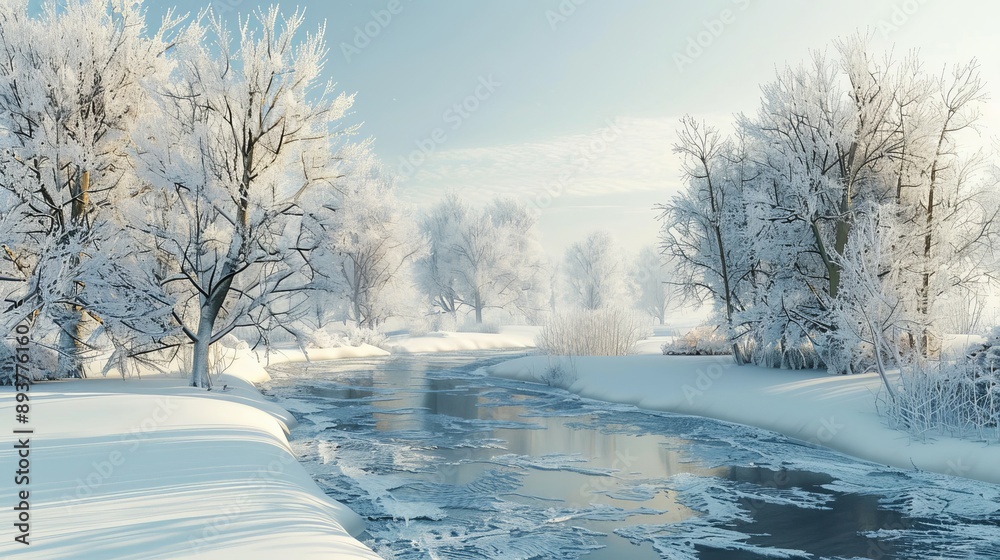 Frozen Wonderland Majestic Snowcovered Trees and Icy River in a Tranquil Winter Landscape Frozen Wonderland Majestic Snowcovered Trees and Icy River in a Tranquil Winter Landscape