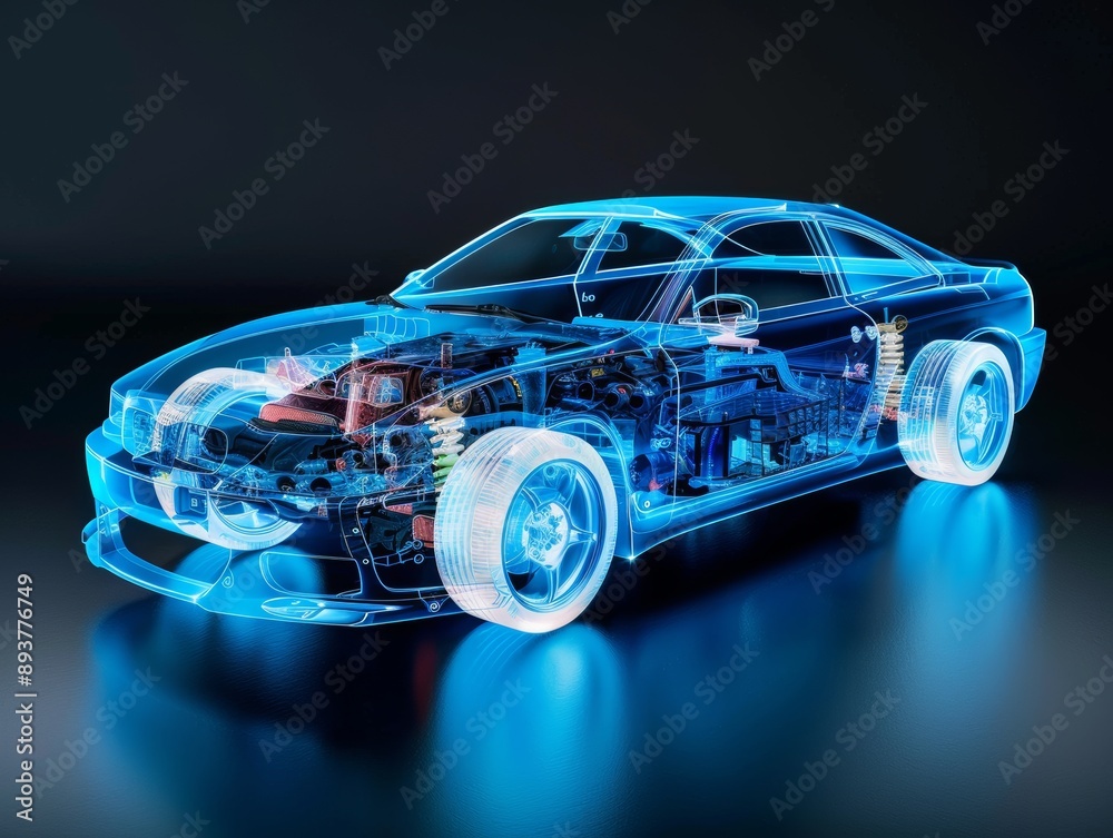 A blue glowing transparent car model on black background,hts, doors, windows, seats, and other details A blue glowing transparent car model on black background,hts, doors, windows, seats, and other details