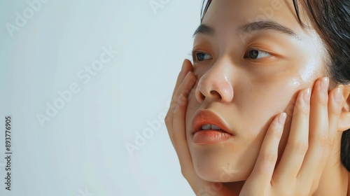 Close-up portrait of a woman touching her face with both hands, showcasing clear skin and natural beauty for skincare and wellness concept.