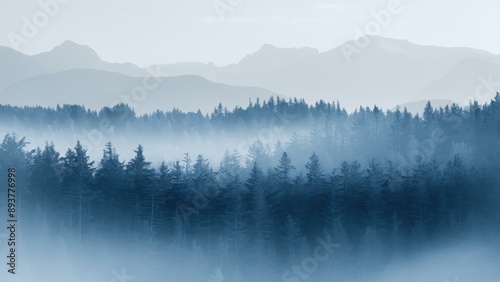 Watercolor foggy forest landscape illustration. Wild nature in wintertime. © DreamART