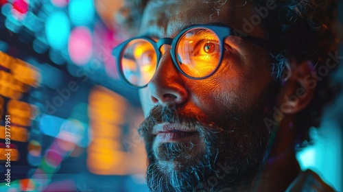 Close-up of a man with reflective glasses, looking at data screens with colorful lights in the background. High-tech and futuristic concept. photo