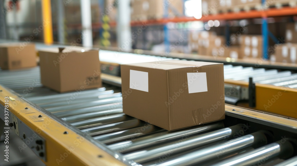 Conveyor Belt Efficiency: A close-up shot of two cardboard boxes seamlessly moving along a yellow conveyor belt in a modern warehouse setting, symbolizing the smooth flow of logistics and the efficien Conveyor Belt Efficiency: A close-up shot of two cardboard boxes seamlessly moving along a yellow conveyor belt in a modern warehouse setting, symbolizing the smooth flow of logistics and the efficien