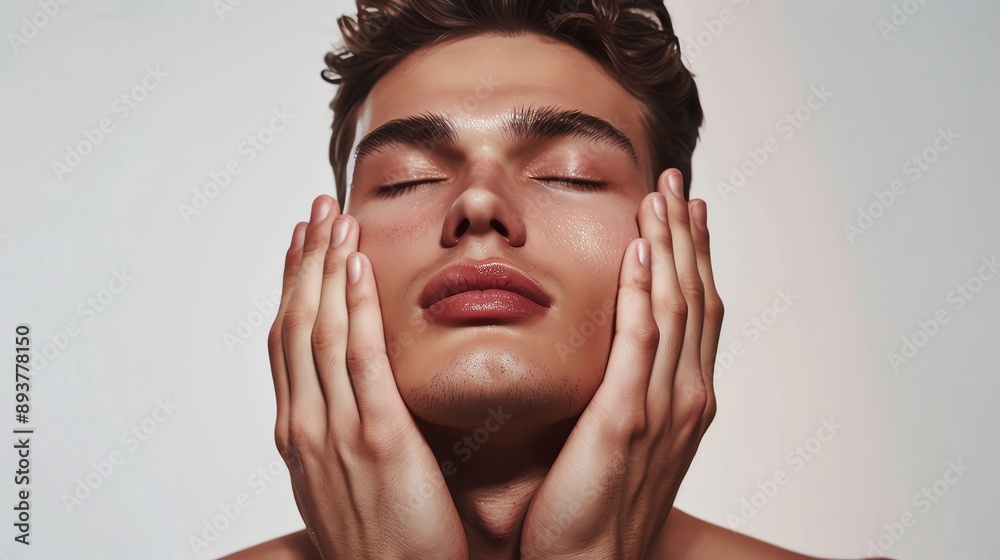 Young man with closed eyes holding his face in a skincare and wellness concept. Smooth complexion and serene expression with soft lighting. Young man with closed eyes holding his face in a skincare and wellness concept. Smooth complexion and serene expression with soft lighting.