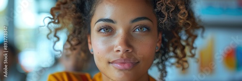 Close-up portrait of a thoughtful young woman with curly hair, looking forward with a hopeful expression in an indoor setting. photo