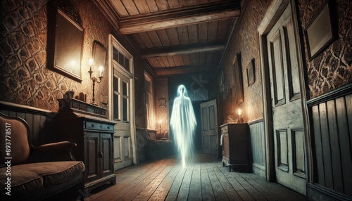 Ghostly Apparition in Haunted House Hallway.