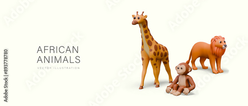 Poster with group of African animals in realistic style. Funny giraffe, lion, monkey