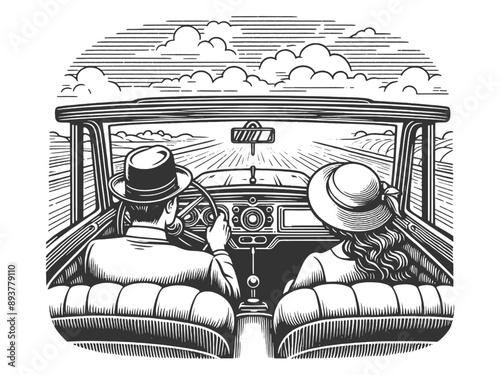 vintage couple driving a classic car, from the backseat with a nostalgic feel sketch engraving generative ai fictional character vector illustration. Scratch board imitation. Black and white image.