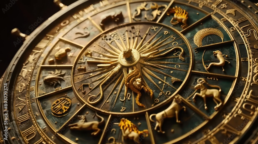 Fototapeta premium A gold and blue clock with a circle in the middle with the numbers