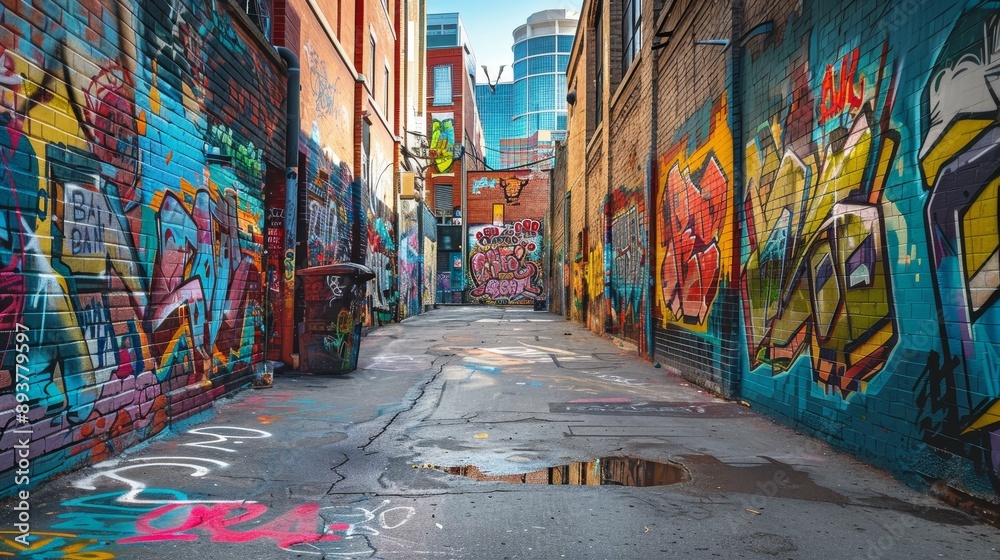 Naklejka premium Vibrant Urban Canvas Graffiti Murals Infusing Creativity and Street Culture into Cityscape
