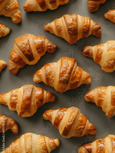 Top down view of freshly baked delicious croissants. Bakery, pastry and breakfast concept dessert background design.