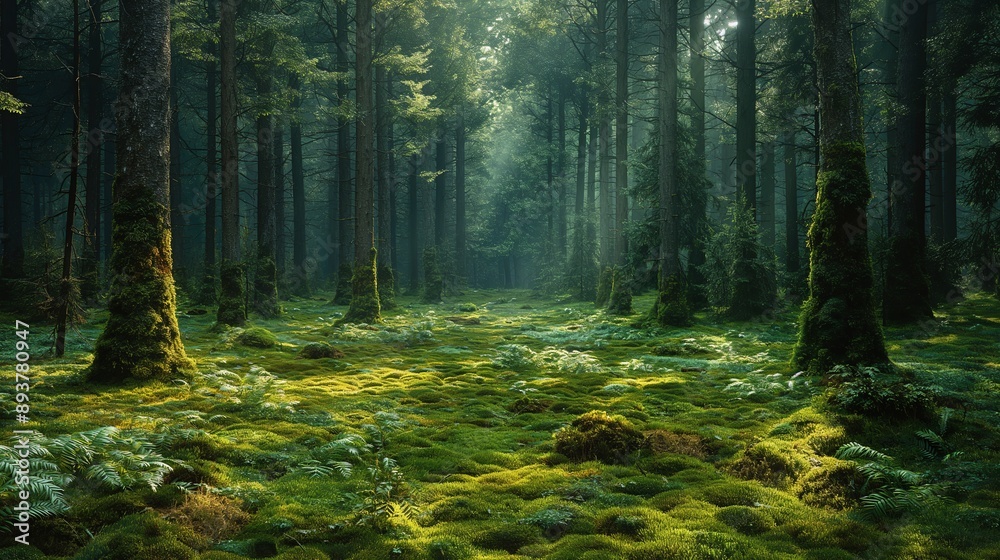 Fototapeta premium Misty Forest with Sunlight, Serene Woodland Scene, Nature Background