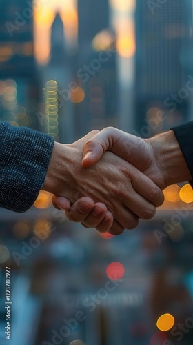 Side view of handshake, business agreement, blurred city and office backdrop, AIgenerated, professional look