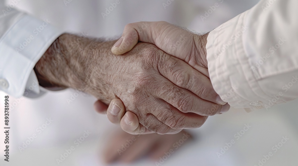 Fototapeta premium High angle shot of professional man completing a client agreement, top-down view, deal paperwork on desk, close-up of hands shaking hands.