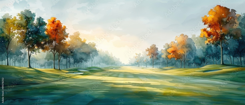Watercolor illustration of a golf course in early morning mist, with delicate hues and a peaceful atmosphere Watercolor illustration of a golf course in early morning mist, with delicate hues and a peaceful atmosphere