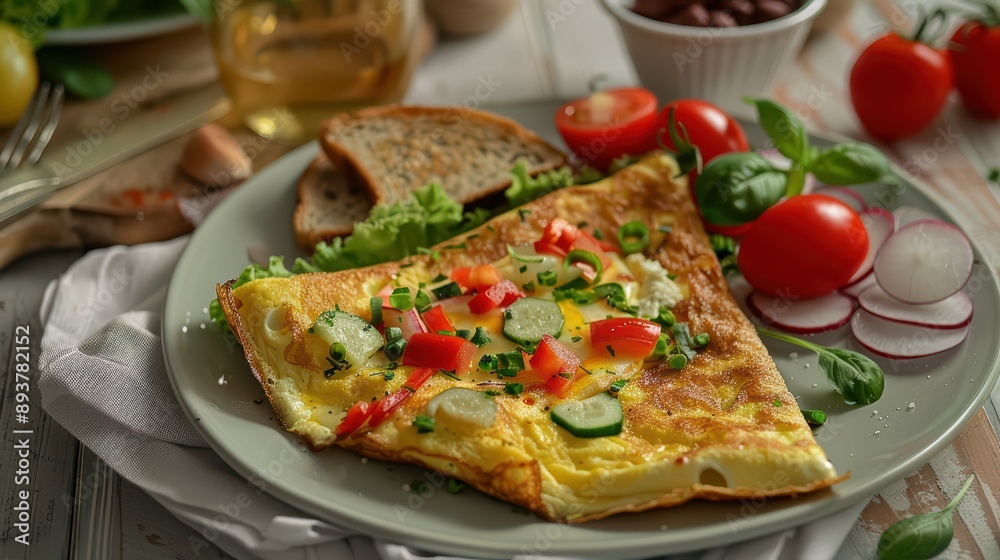 A romantic photograph of a heart-shaped omelette, filled with fresh vegetables and cheese A romantic photograph of a heart-shaped omelette, filled with fresh vegetables and cheese