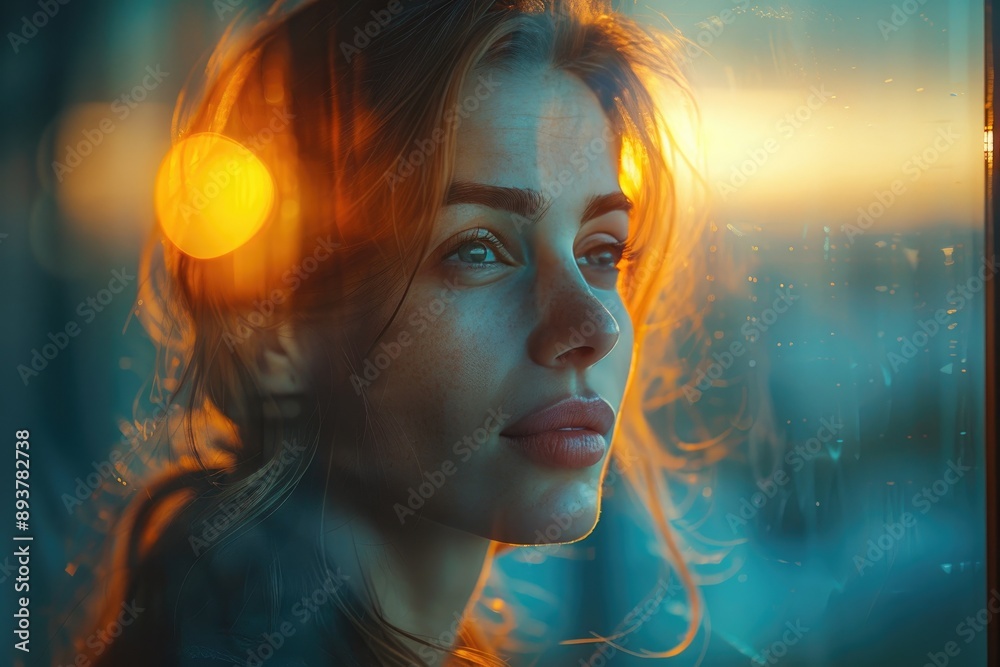 Thoughtful woman gazing through a window as the golden sunlight softly illuminates her face during sunset. Thoughtful woman gazing through a window as the golden sunlight softly illuminates her face during sunset.