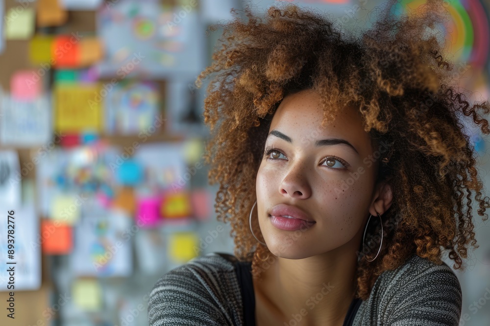 Thoughtful woman with curly hair gazing away, colorful background with post-it notes and artwork. Thoughtful woman with curly hair gazing away, colorful background with post-it notes and artwork.
