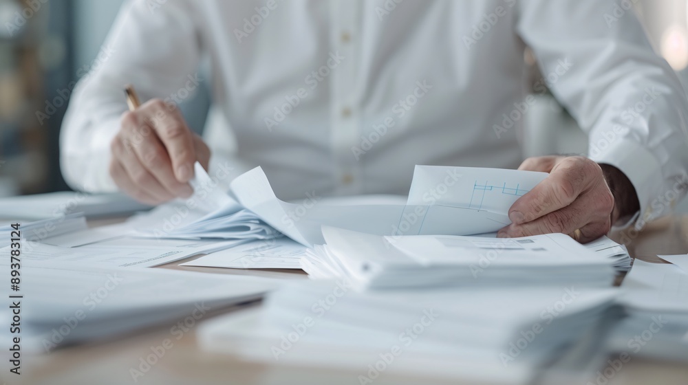 Fototapeta premium Top view of professional man managing project documentation, soft-focus meeting room, close-up shot, project folders and plans.