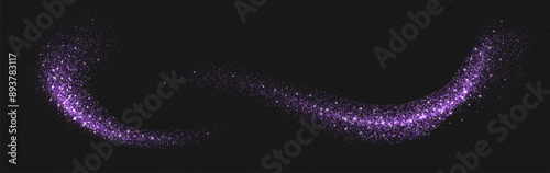 Purple glitter splashes, shiny star dust explosion, shimmer spray effect, festive holiday particles isolated on a dark background. Vector illustration.
