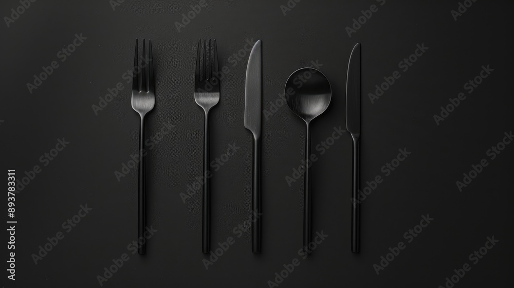 Modern silverware on black background symbolizing dining cafes and food events Modern silverware on black background symbolizing dining cafes and food events