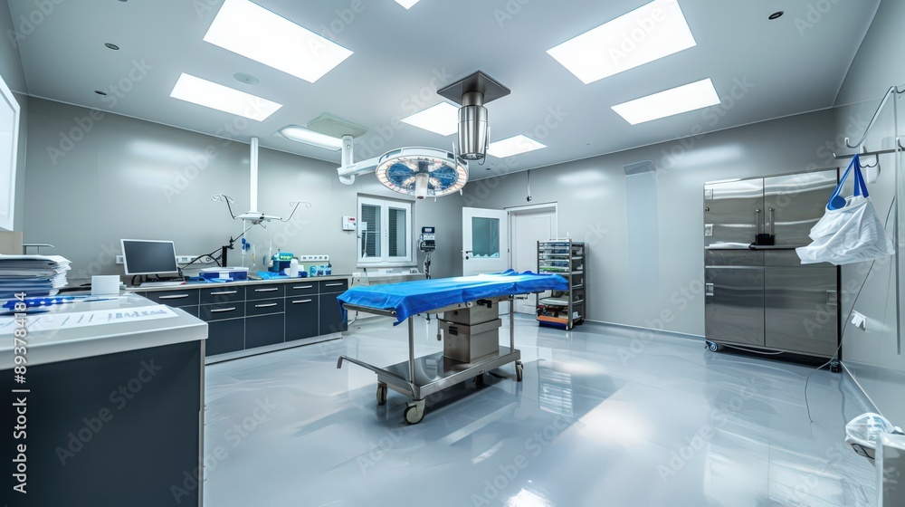 A spacious operating room with advanced air filtration and sterilization systems, ensuring a clean and safe environment for surgeries A spacious operating room with advanced air filtration and sterilization systems, ensuring a clean and safe environment for surgeries