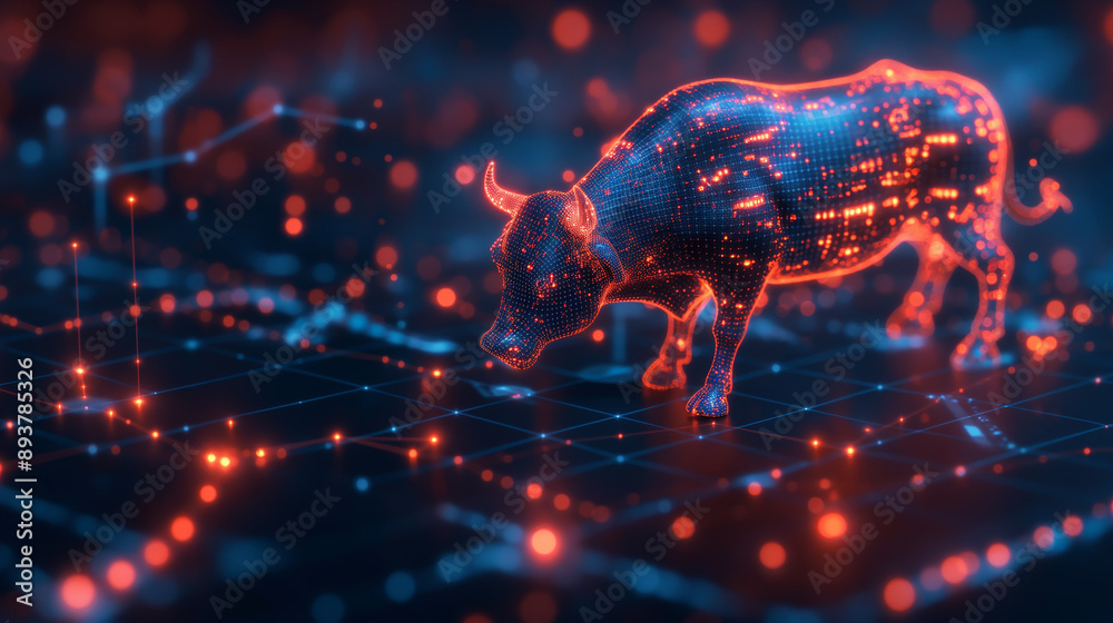 Elegant representation of a bull market with a stylized bull and upward-trending stock charts, illustrating financial prosperity.