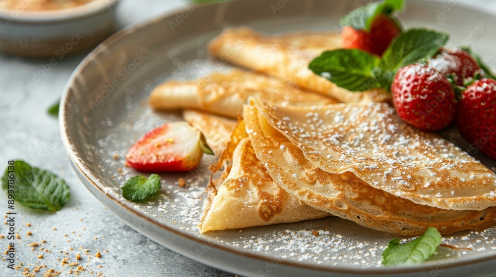 Closeup of a plate with golden crepes dusted with powdered sugar and topped with fresh strawberries and mint leaves Closeup of a plate with golden crepes dusted with powdered sugar and topped with fresh strawberries and mint leaves