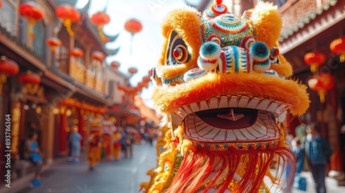 Colorful Chinese dragon dance on a vibrant street during a traditional festival with lanterns and ornate buildings in the background.