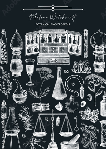 Antique apothecary hand-drawn vector illustrations. Alchemy sketches. Vintage chemistry frame, banner, card, flyer design. NOT AI generated