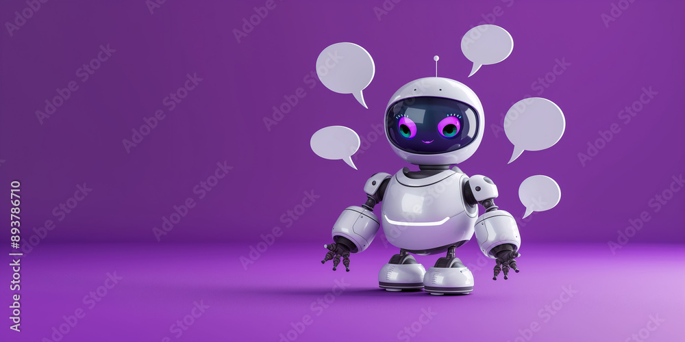 Cute white robot chatting with speech bubbles on purple background Cute white robot chatting with speech bubbles on purple background