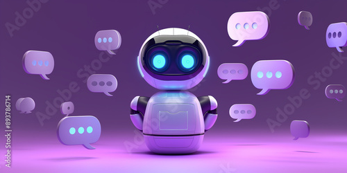 Obraz na płótnie White modern robot chatting with chat bubbles on purple background