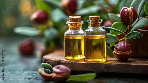 
Jojoba oil in a bottle, ripe jojoba fruits, still life, skin care conceptual