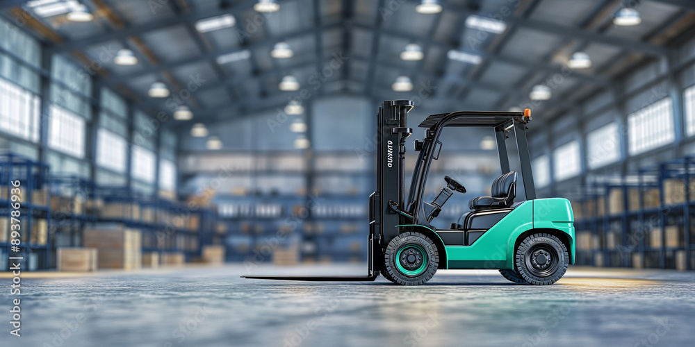 Forklift standing in large industrial warehouse with goods on shelves Forklift standing in large industrial warehouse with goods on shelves
