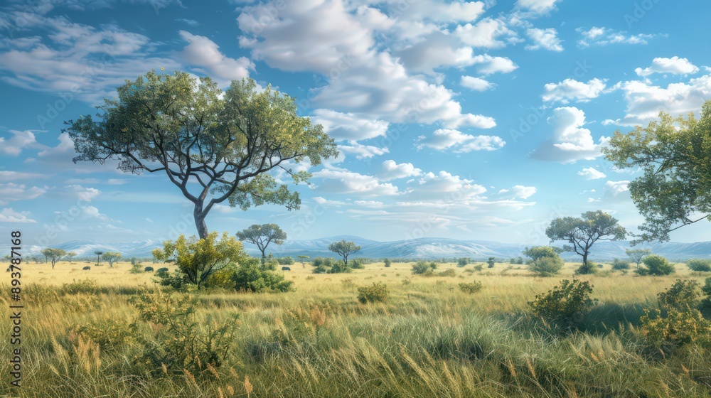 A vast savanna stretches under a vast sky, dotted with acacia trees and roaming wildlife in the African wilderness A vast savanna stretches under a vast sky, dotted with acacia trees and roaming wildlife in the African wilderness