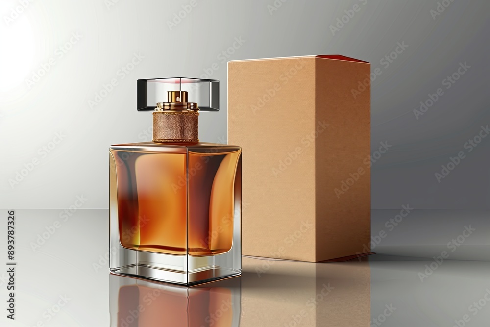 Perfume bottle with brown box on grey background. 3d illustration Perfume bottle with brown box on grey background. 3d illustration
