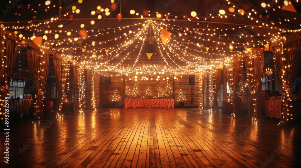 A wooden dance floor with string lights and a warm ambiance A wooden dance floor with string lights and a warm ambiance