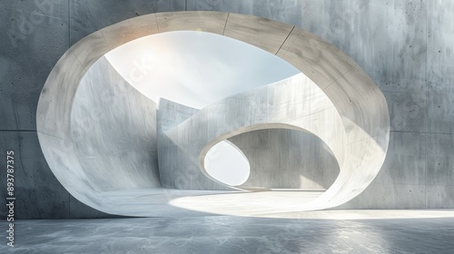 Fototapeta Naklejka Na Ścianę i Meble -  A concrete structure with curved walls and circular openings creates an abstract and futuristic space