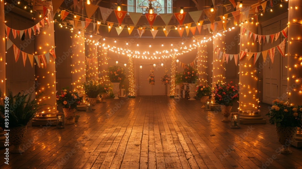 A warm and inviting interior space decorated with string lights flags and flowers A warm and inviting interior space decorated with string lights flags and flowers