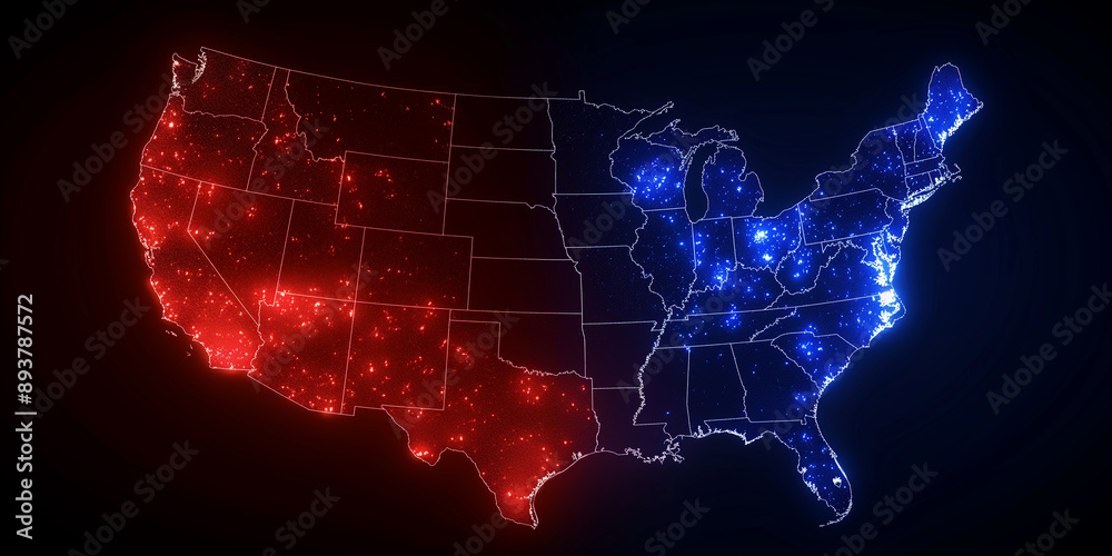 Obraz premium Abstract usa map showing population density with red and blue lights
