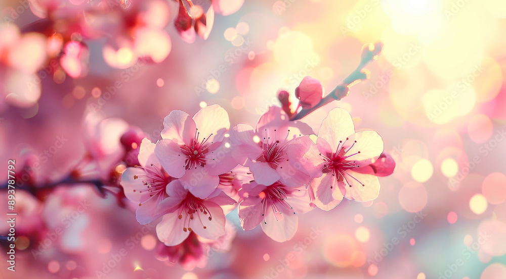 Springtime Blossom Border Art with Delicate Pink Flowers and Sun Flare at Sunset for Nature-Themed Background or Design Springtime Blossom Border Art with Delicate Pink Flowers and Sun Flare at Sunset for Nature-Themed Background or Design