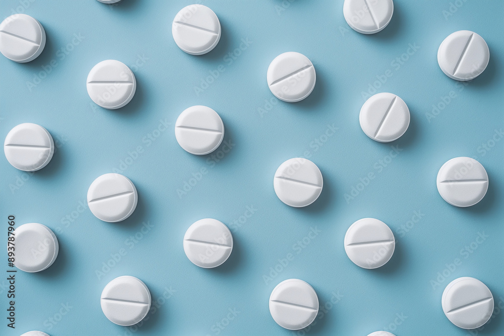 A pattern of chaotically scattered round white pills on a blue background, arranged in a flat lay and viewed from the top A pattern of chaotically scattered round white pills on a blue background, arranged in a flat lay and viewed from the top