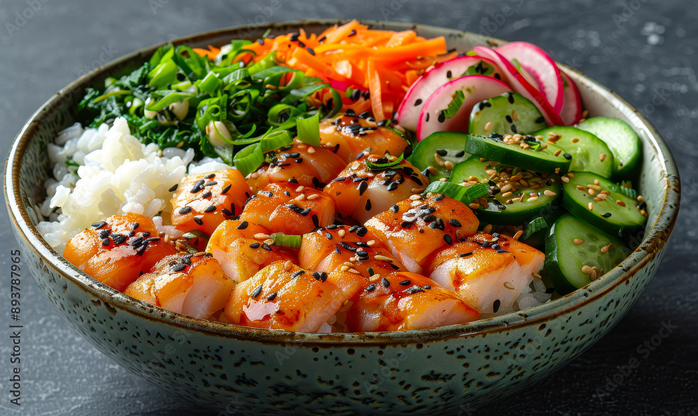 Vibrant Poke Bowl with Fresh Salmon, Rice, Vegetables, and Toppings - Healthy and Colorful Seafood Dish for Lunch or Dinner Vibrant Poke Bowl with Fresh Salmon, Rice, Vegetables, and Toppings - Healthy and Colorful Seafood Dish for Lunch or Dinner
