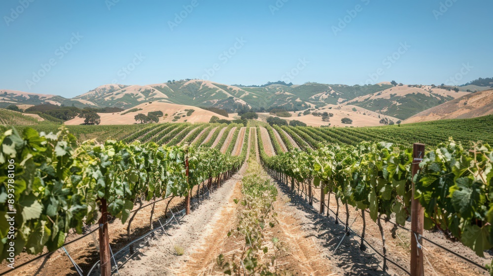 A vineyard under the summer sun, with rows of grapevines heavy with ripening fruit, set against rolling hills and a clear blue sky. A vineyard under the summer sun, with rows of grapevines heavy with ripening fruit, set against rolling hills and a clear blue sky.
