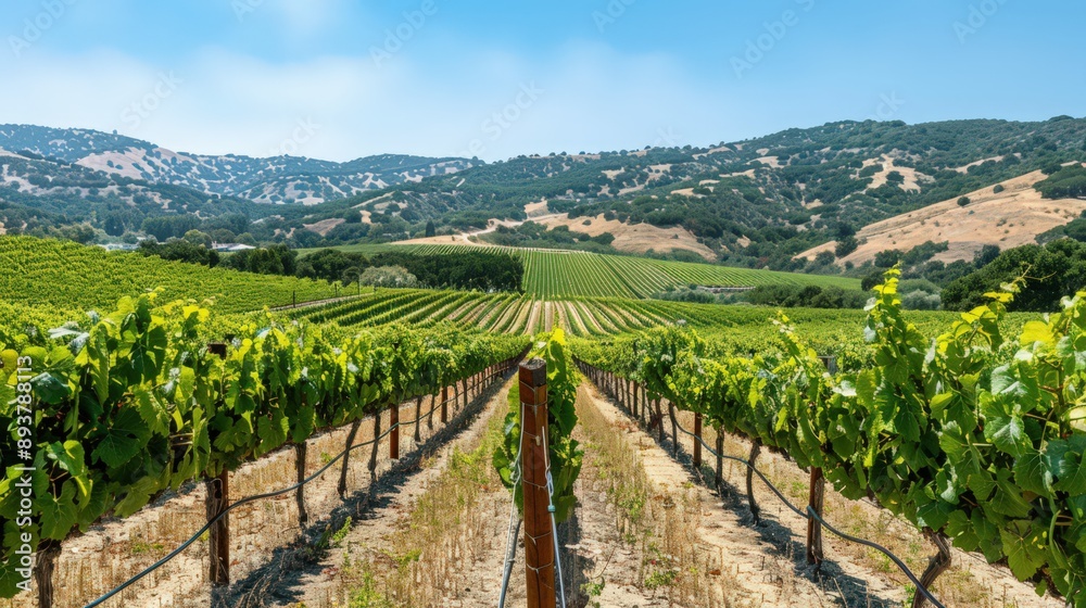 A vineyard under the summer sun, with rows of grapevines heavy with ripening fruit, set against rolling hills and a clear blue sky.